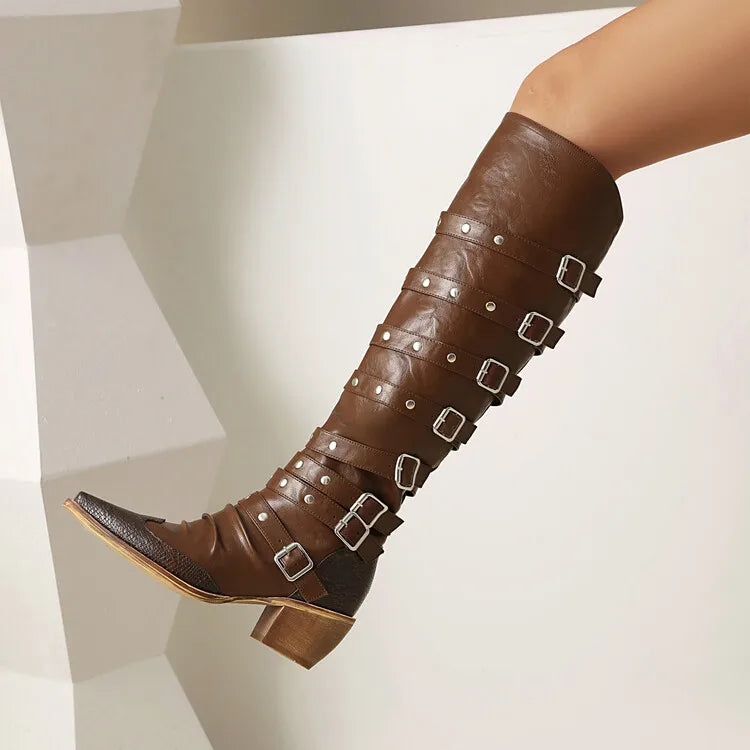 Women's 6cm Square Heel Knee High Boots Belt Buckle Rivet Pointed Leather Long Boots