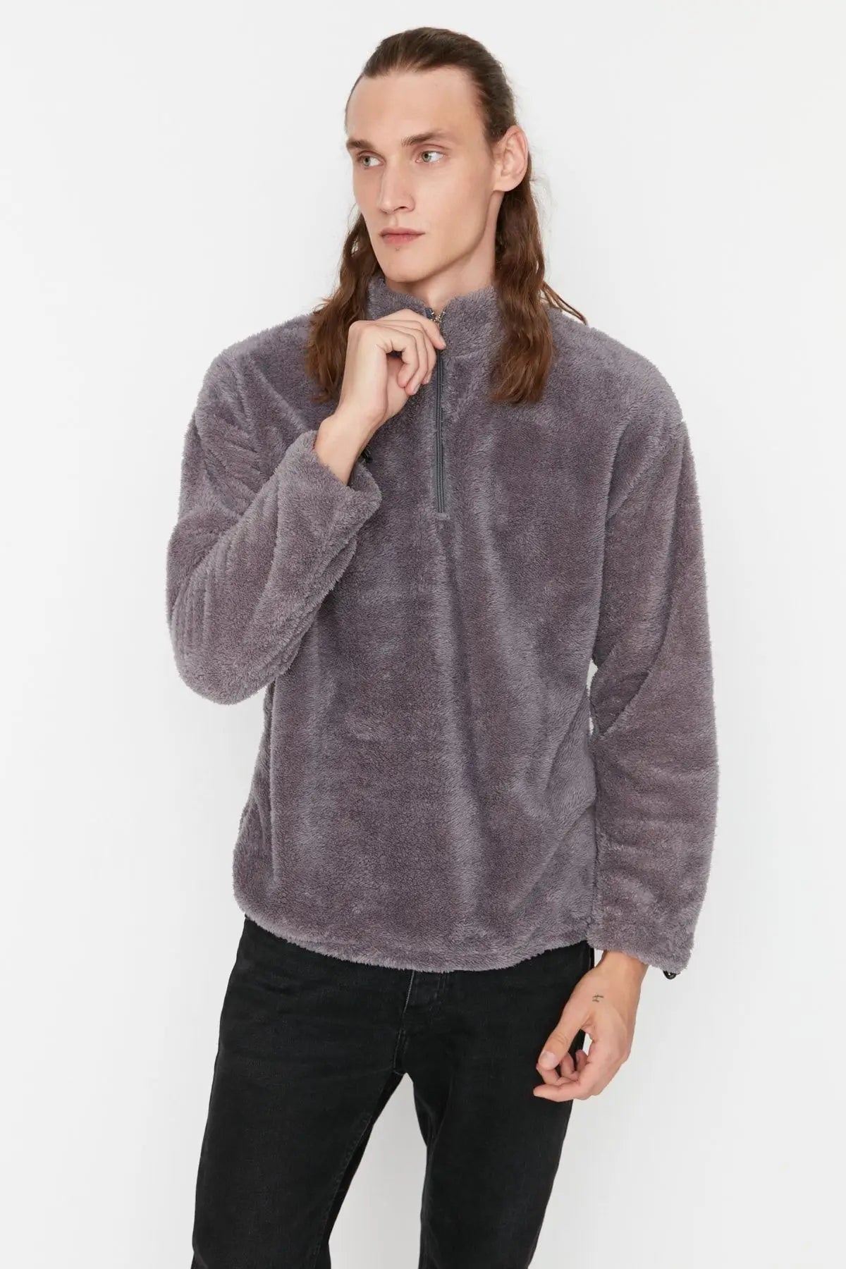 Men's Fabric Loose Plain Plush Standard Sleeve Zippered Standing Collar Sweatshirt