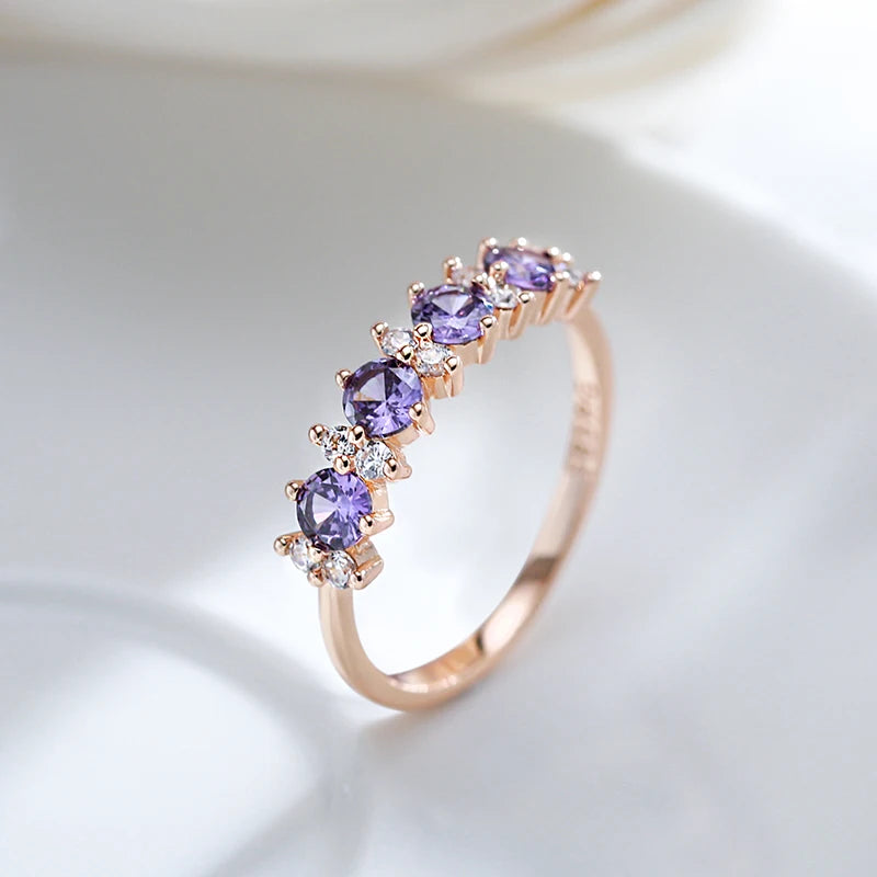 Women 585 Rose Gold Colour Round Matching Wedding Band Sparkling Purple Natural Zircon Ring