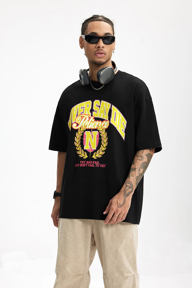 Men's College Printed Suede Beaded American Style Loose Short Sleeve T-Shirt