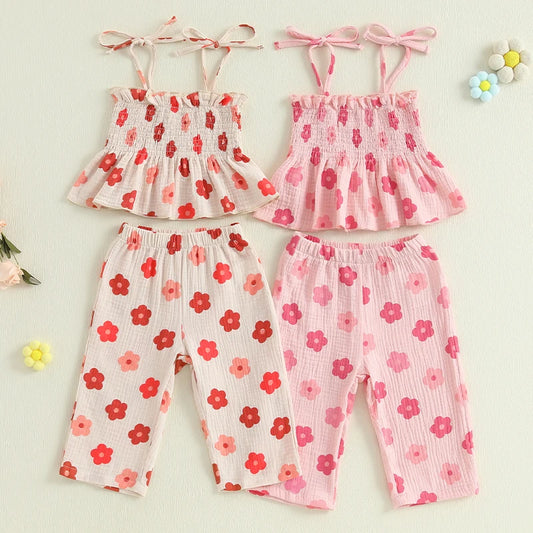 0-4Y Kids Girls Clothes Set Flower Print Sleeveless Lace Up Pleated Camisole with Trousers 2pcs Set