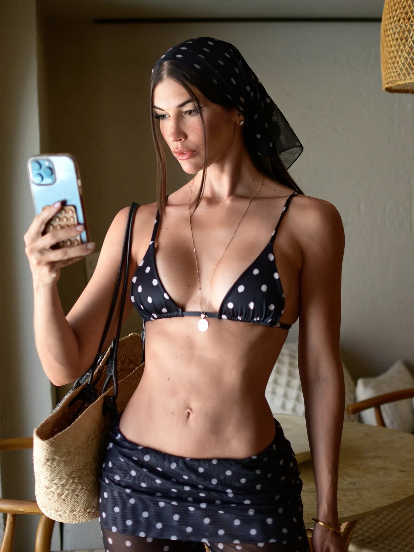 Women's 3-Piece Polka Dot Bikini Set - Tube Top with Wide-Leg Pants