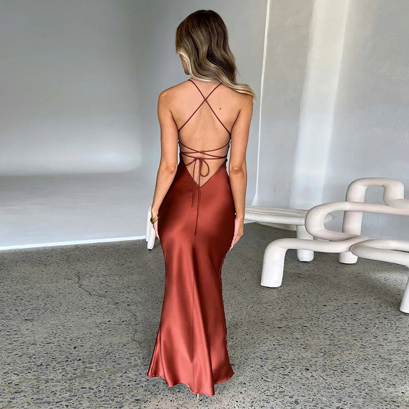 Women Backless Bandage Party Maxi Dress - Satin Fall Outfits Elegant Gown Lace Up Slip Dress