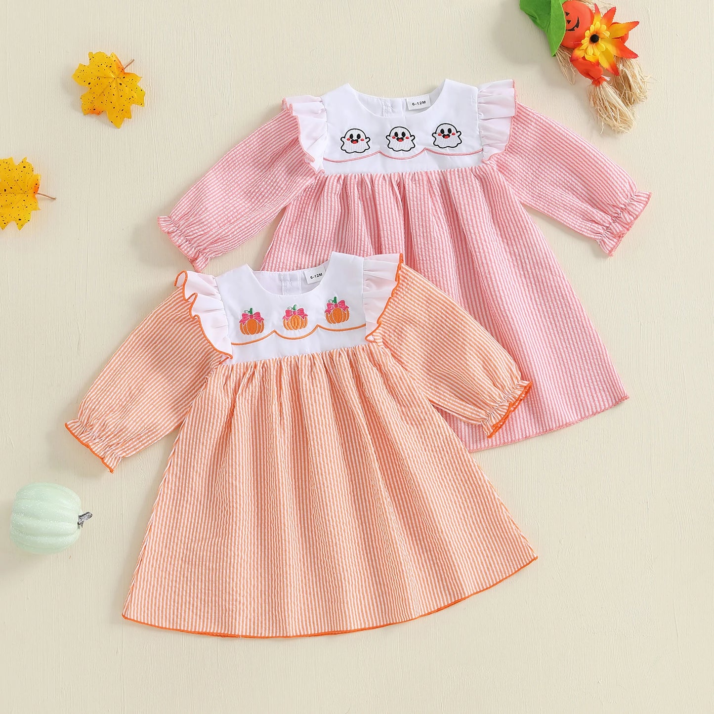 Toddler Girls Halloween Dress - Pumpkin/Ghost Embroidered Ruffle Long Sleeve Striped A-Line Dress