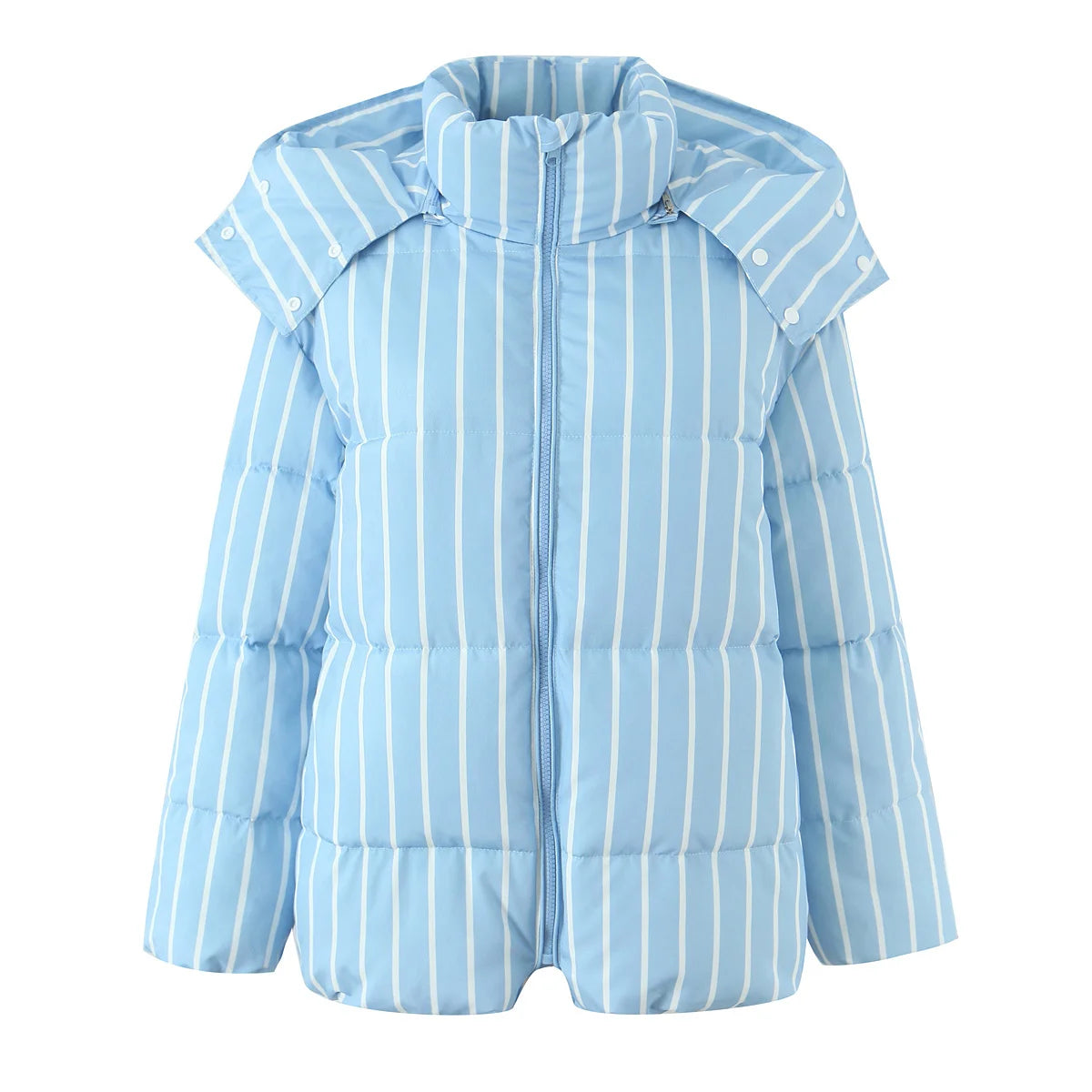 Striped Hooded Bread Jacket - Front Zipper Long Sleeve Warm Coat