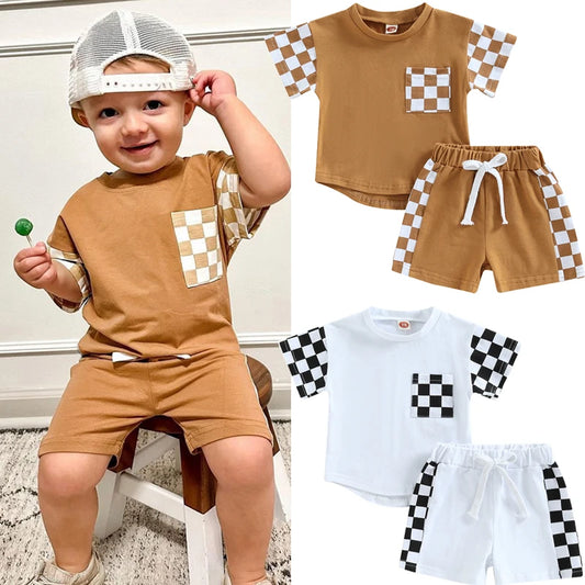 0-3Y Toddler Baby Boy Summer Clothes Sets Plaid Patchwork Short Sleeve Pocket T-Shirt and Elastic Waist Shorts