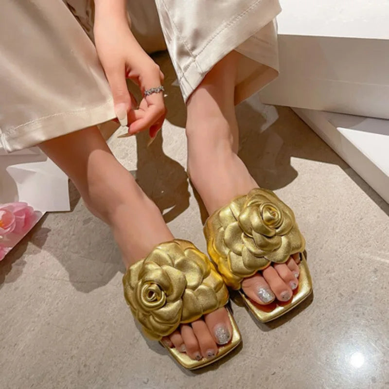 Women's 3D Flower Handmade Rose Head Layer Cowhide Open Toe Square Toe Slippers