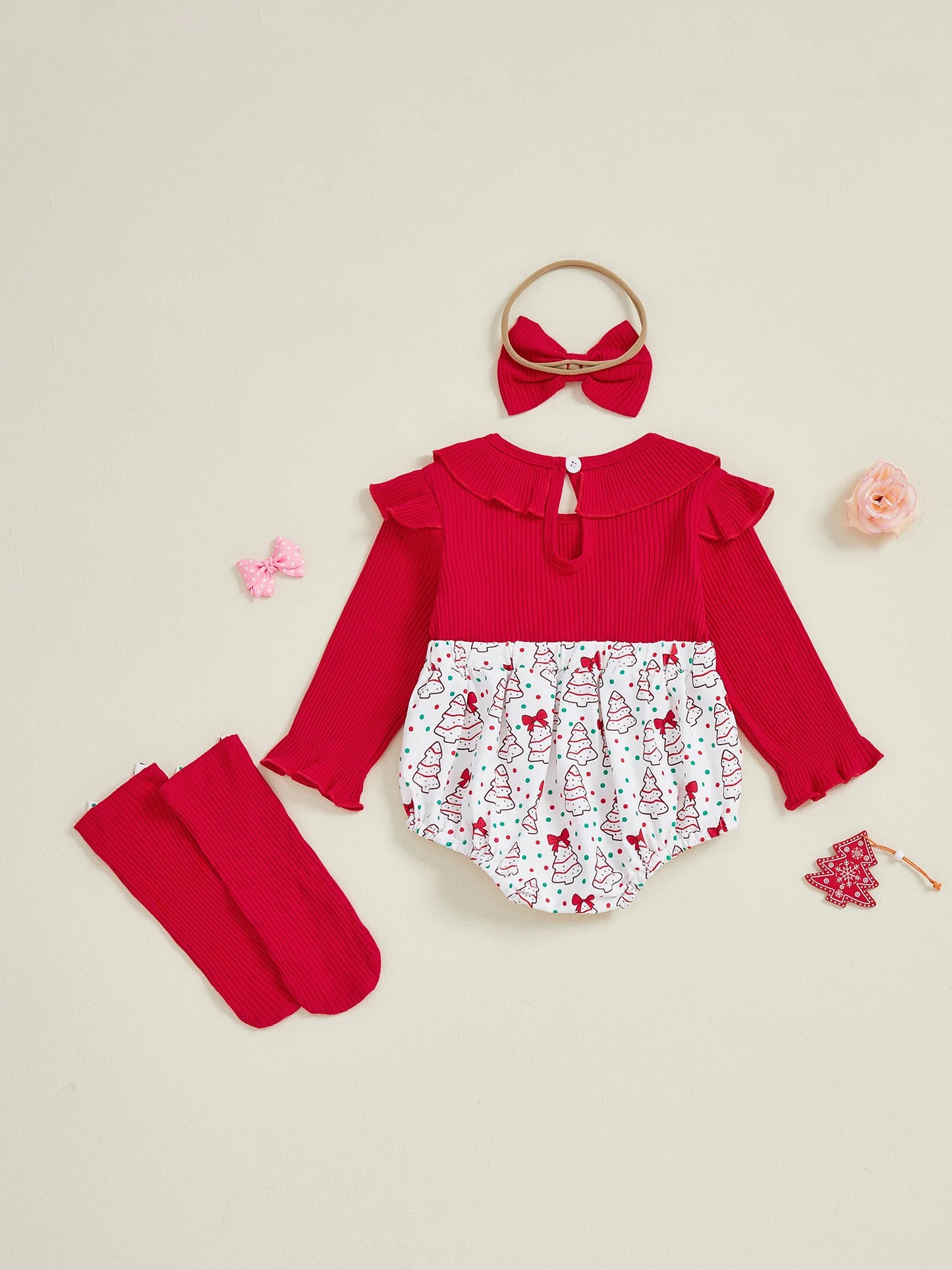 Baby Girls Christmas Romper Set - Santa Tree Bow Print Long Sleeve Ruffle Jumpsuit with Headband & Socks