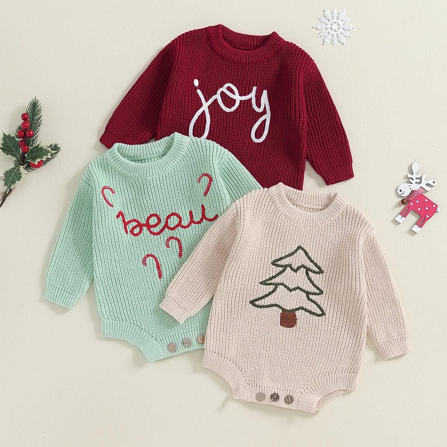 0-18M Baby Boys Girls Christmas Knit Romper Sweater Letter Embroidery Long Sleeve Crew Neck Bubble Jumpsuit