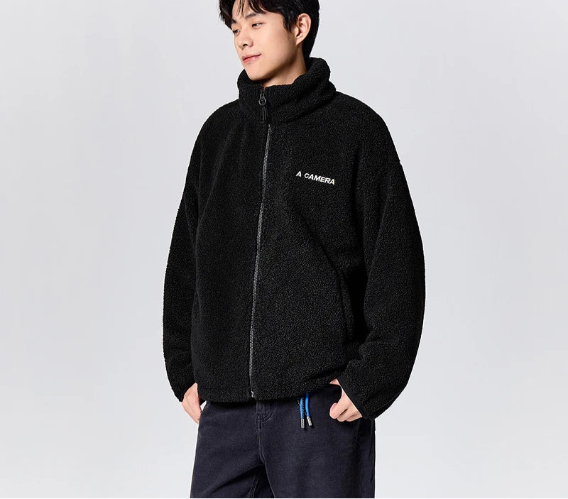 Men's Loose Fit Fleece Jacket - Plush Embroidered Stand Collar Winter Coat