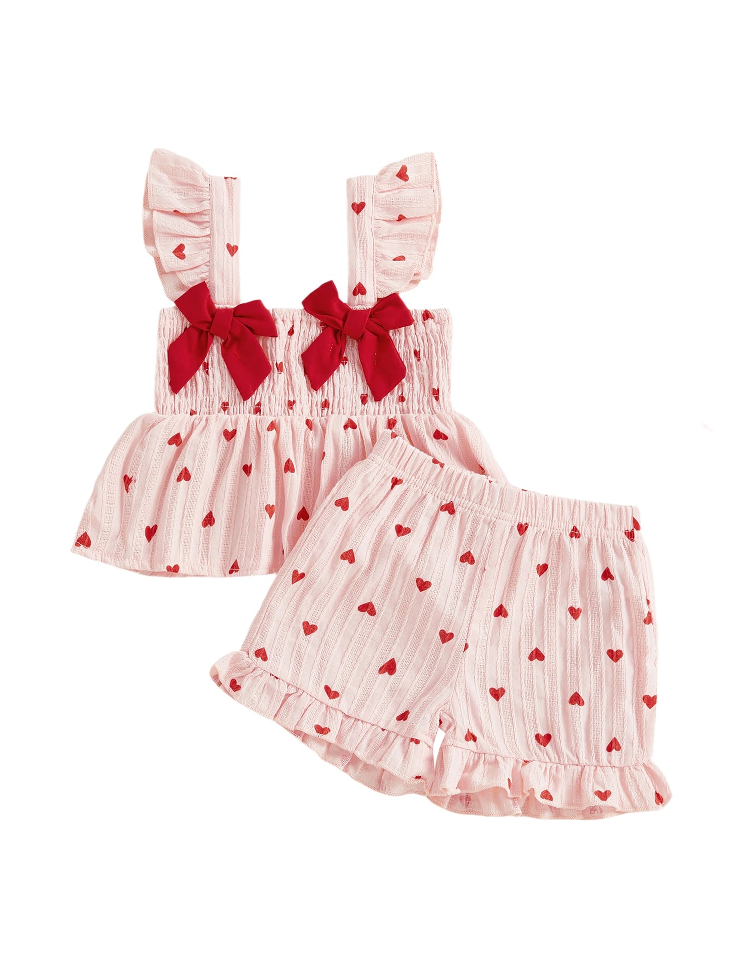 Toddler Girls Valentine's Day Ruffle Shoulder Strap Heart Print Top and Shorts Set