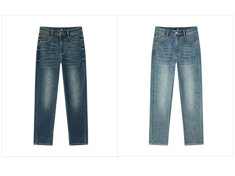 Women's Vintage Washed Tapered Jeans - Brushed Denim Loose Long Fit Winter Pants