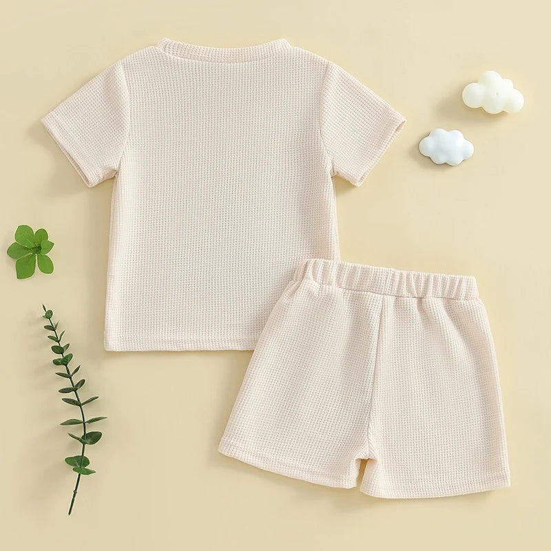 0-4Y Toddler Baby Boys Casual Clothes Sets Letter Cow Embroidery Short Sleeve T Shirts Tops with Elastic Waist Shorts