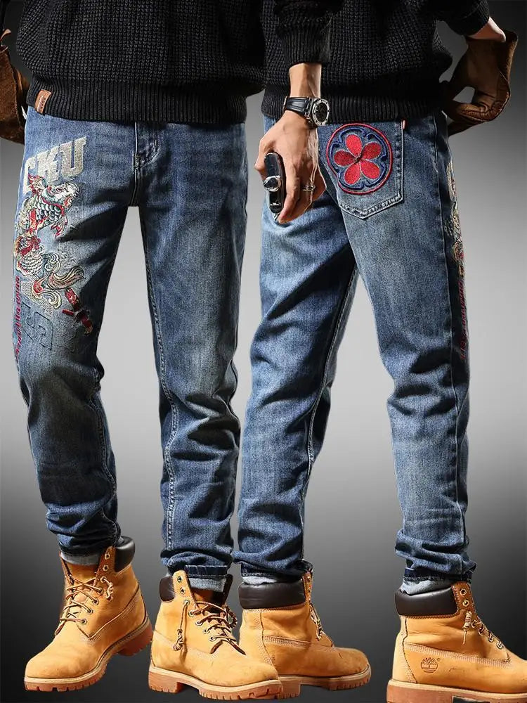 Men's Chinese Embroidered Slim Jeans - Elastic Fit
