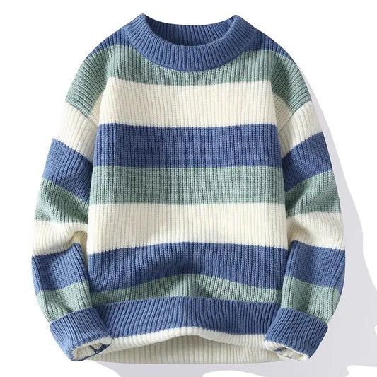 Men's Striped Round-Neck Casual Knit Pullovers Long Sleeve Knitted Sweater
