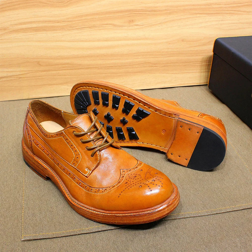 Handmade Stitched Derby Dress Shoes - Soft Calfskin Leather Wingtip Brogue