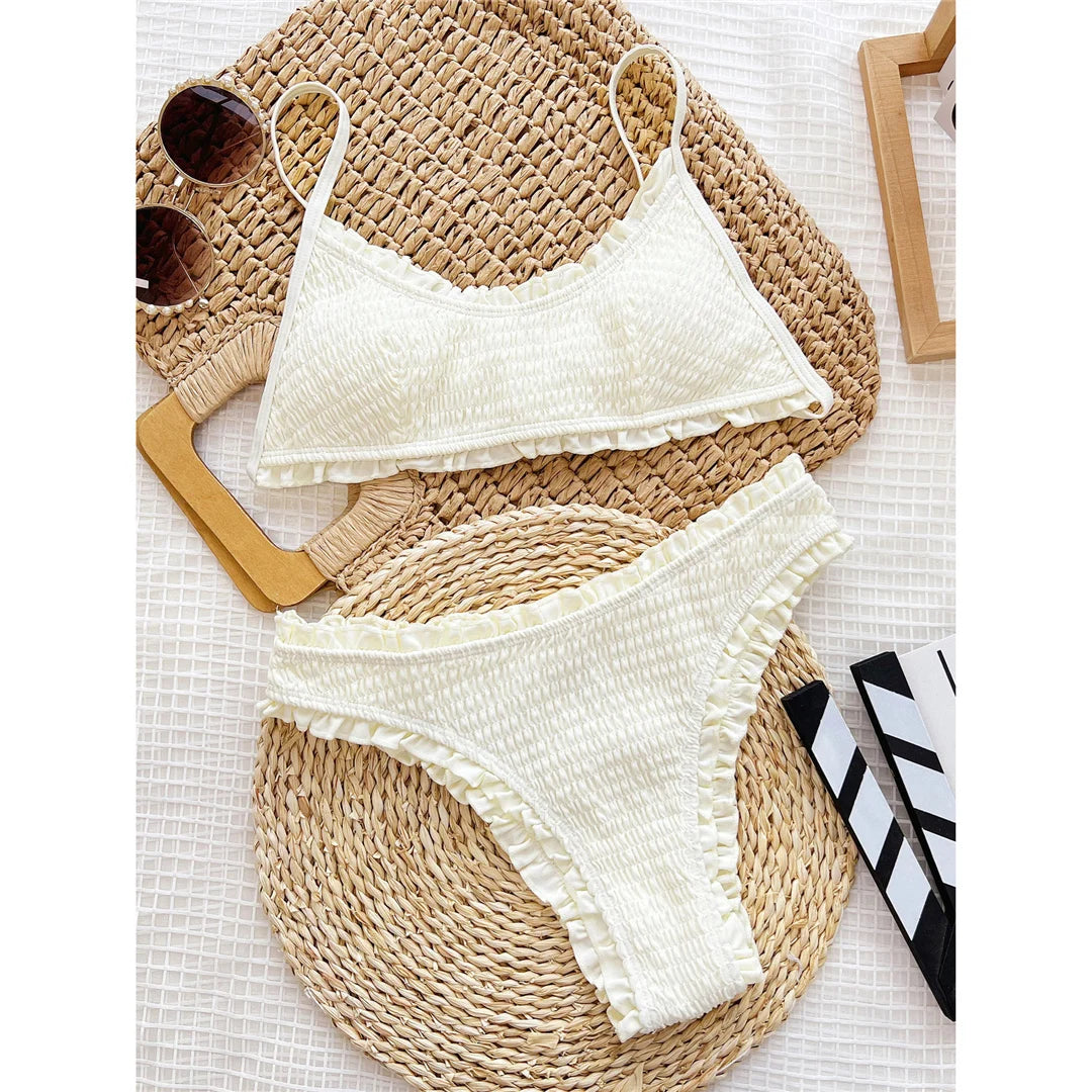 Women's Ruffled Frilled Mid-Waist Bikini Set | Wire-Free Padded Two-Piece Swimwear