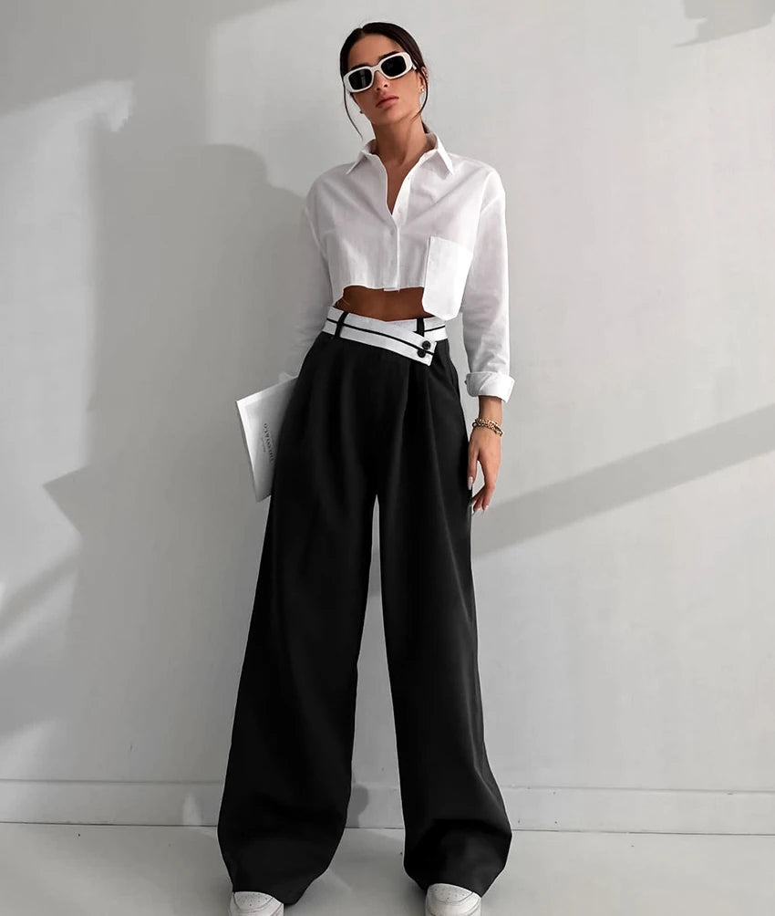 Women's 18 Patchwork Wide Leg Contrast High Waist Baggy Trousers