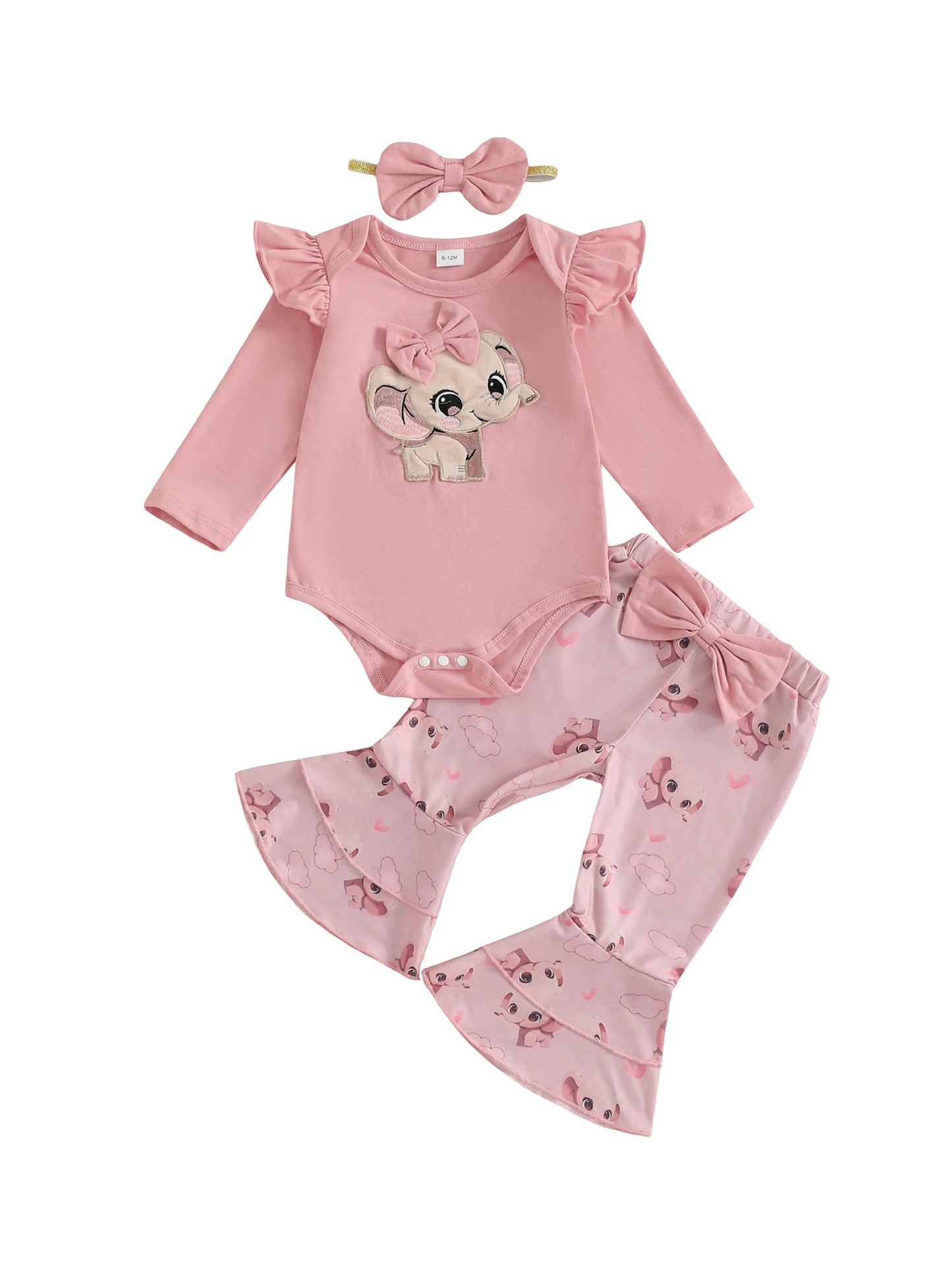 Baby Girls Fall Winter Clothes Set - Long Sleeve Bow Animal Embroidery Jumpsuit, Headband & Flared Pants