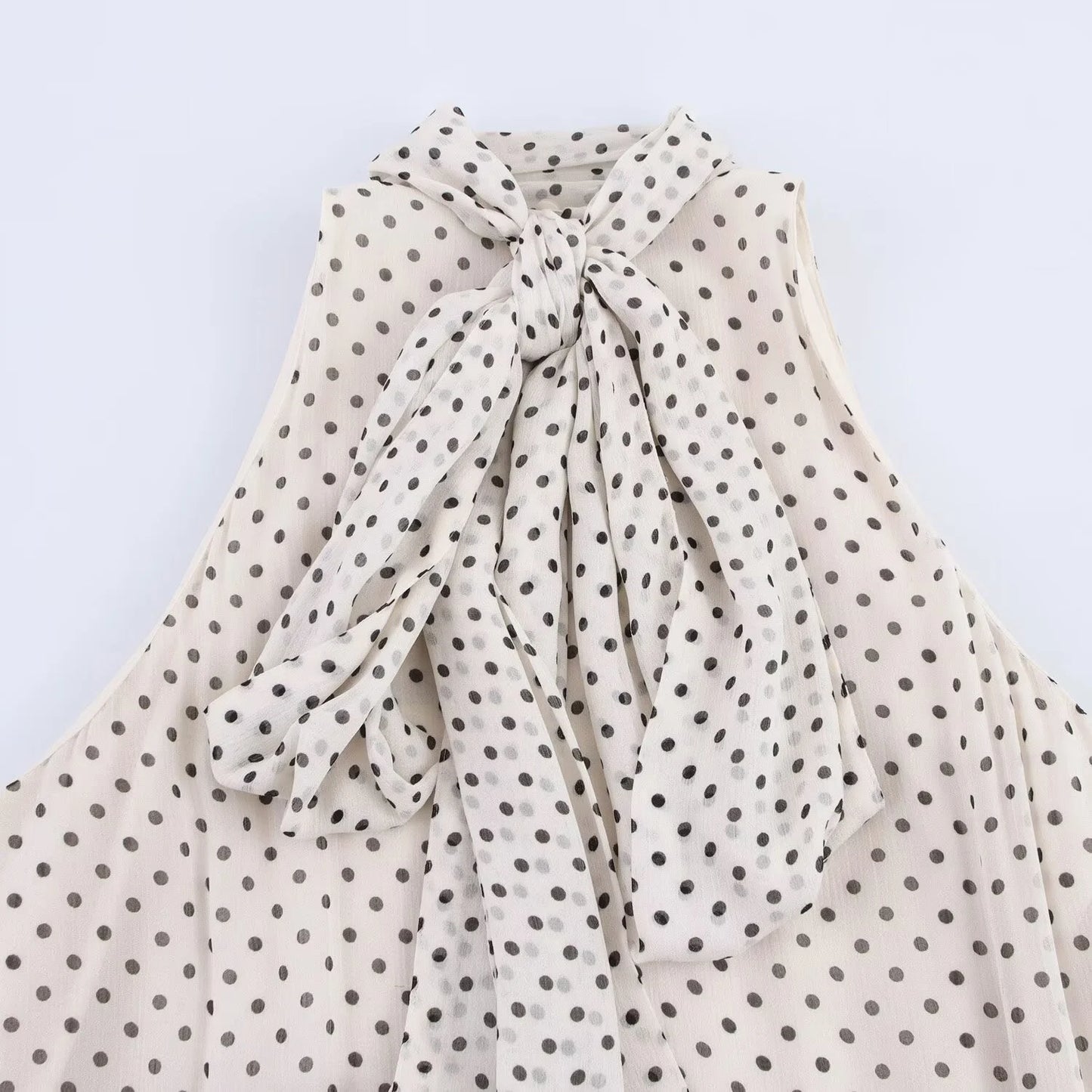 Women's White Polka Dot Halter Neck Bow Dress - Beach Vacation Long Sleeveless