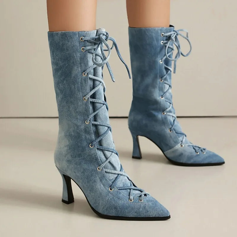 Women's Denim Blue 8cm Short Heel Ankle Boots