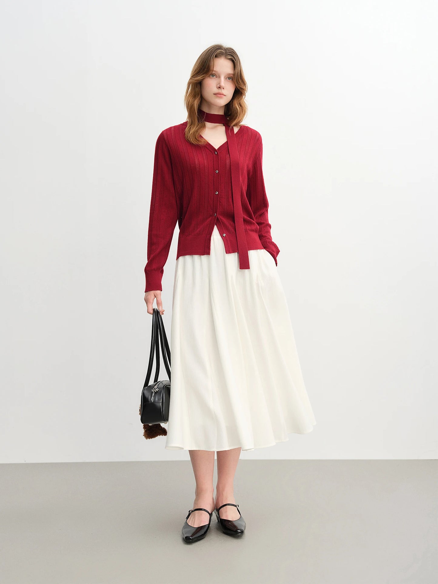 Pleated A-Line Midi Skirt - Textured White Long Skirt