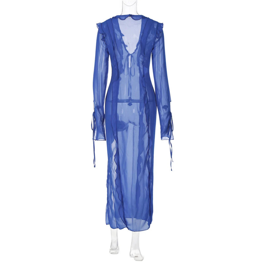 Women's Deep V-Neck High Split Ruffle Beach Cover-Up Maxi Dress