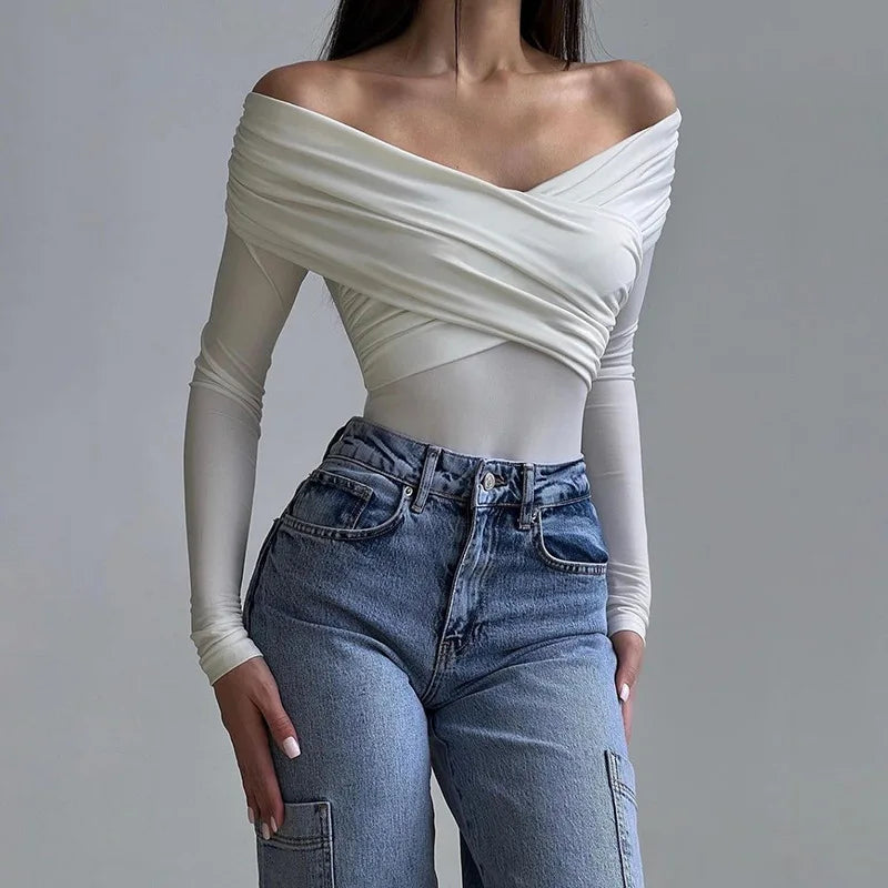 Women's Off Shoulder Ruched Wrap Bodysuits Outfits for Women Elegant Skinny One Piece Long Sleeve Top