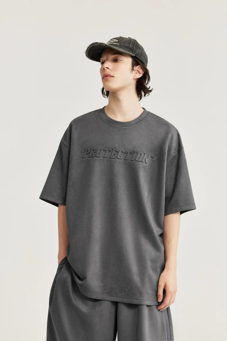 Unisex Oversized Suede Fabric Embossed T-shirts and Shorts Set