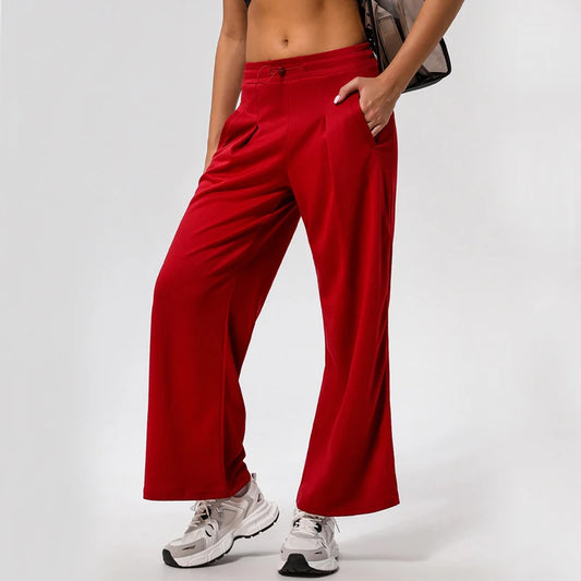 Women's High Waist Yoga Pants Solid Color 100% Polyester Wide Leg Trousers Side Pocket Breathable Jogger Sportswear