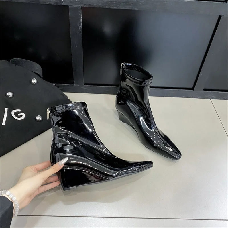 Patent Leather Pointed Toe Chelsea Ankle Boots | Wedge Heel & Rear Zip