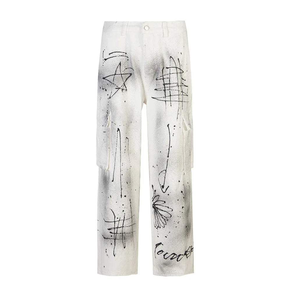 Men's Inkjet Graffiti Dirty Multi-Pocket Distressed Jeans