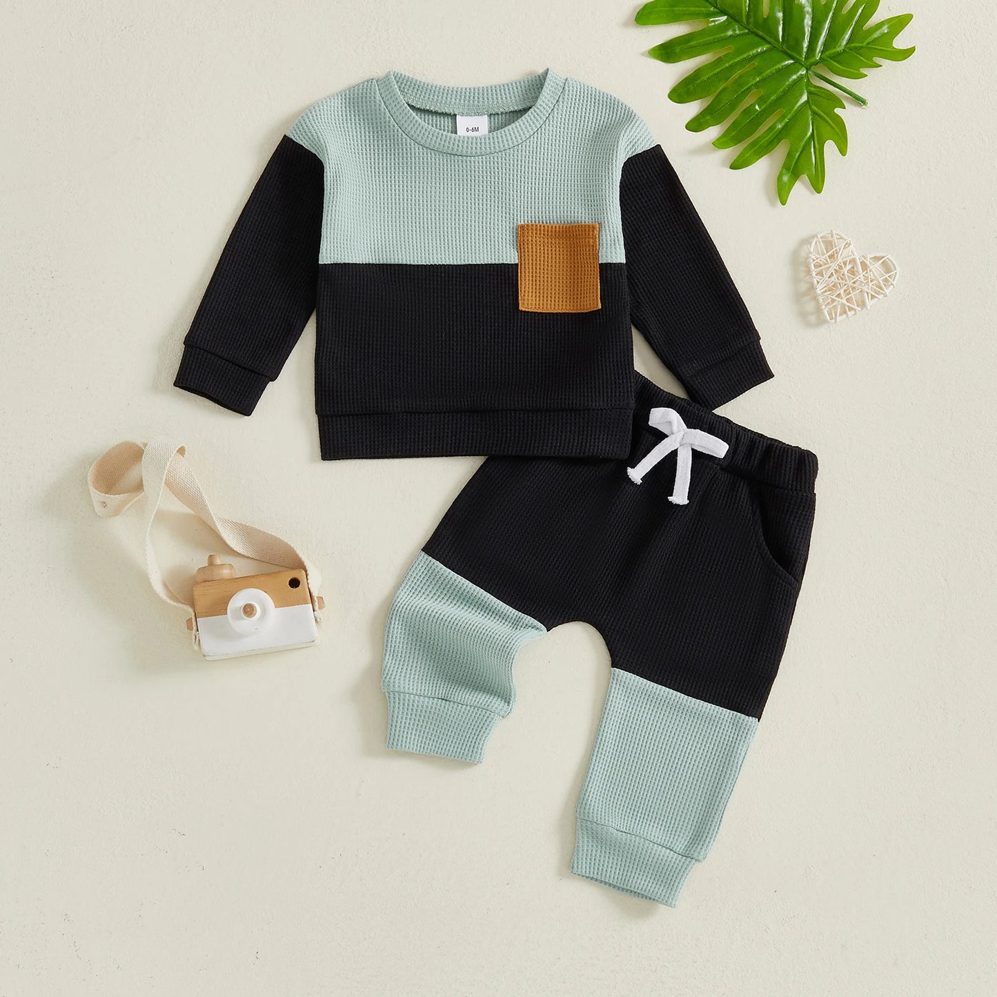 Casual Baby Boys Clothes Set - Long Sleeve Waffle Top & Elastic Waist Pants (0-3Y)
