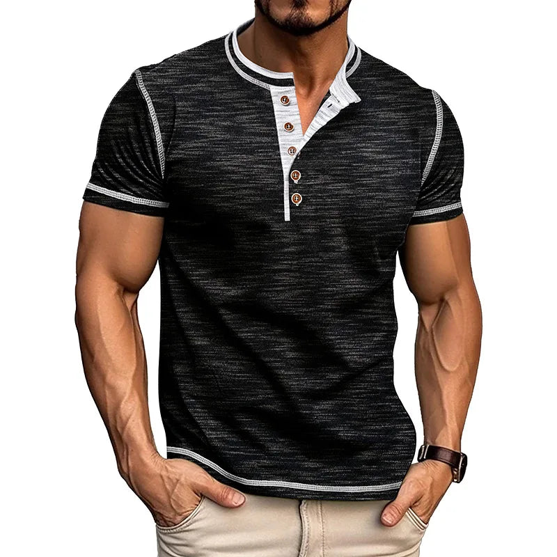 Men's Summer Henry Collar Patchwork Short Sleeve Casual Breathable Pullover T-Shirt