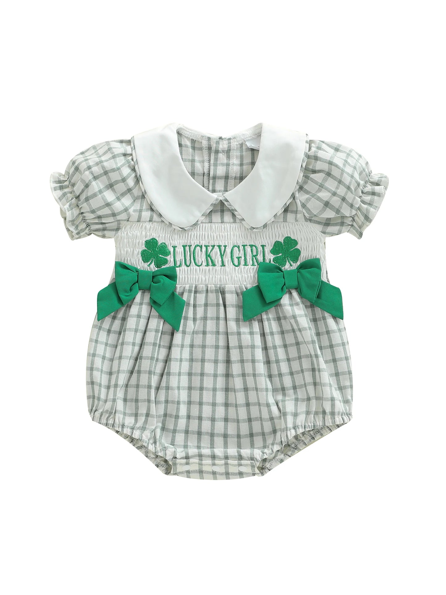 Newborn Baby Girls Boys Irish Plaid Clover Embroidered Short Sleeve Doll Collar Romper