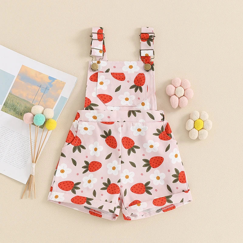 Kids Girls Overalls Shorts 0-6Y Sleeveless Straps Strawberry/Flower Print Denim Button Pocket Jumpsuit
