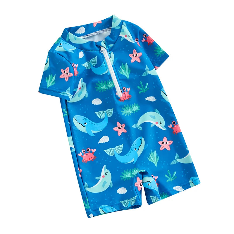 Baby Boys Beachwear 0-3Y Short Sleeve Turtle Dolphin Print Swimsuit Jumpsuit Summer Swimwear