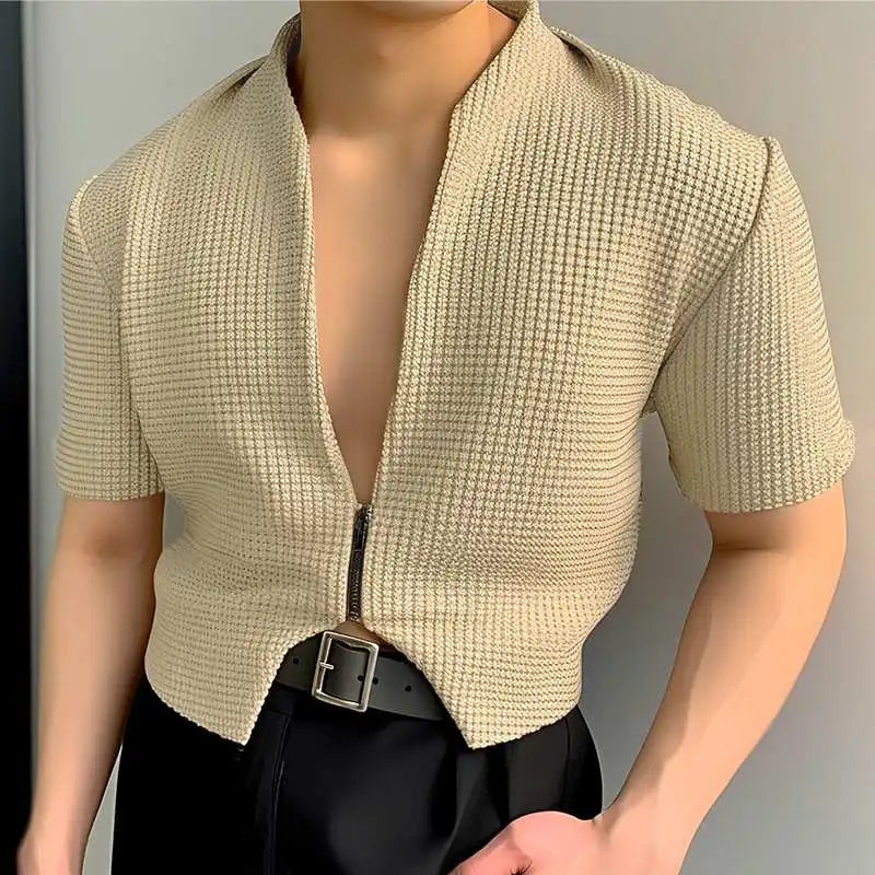 Men V Neck Short Sleeve Zipper Irregular Crop Top Shirt