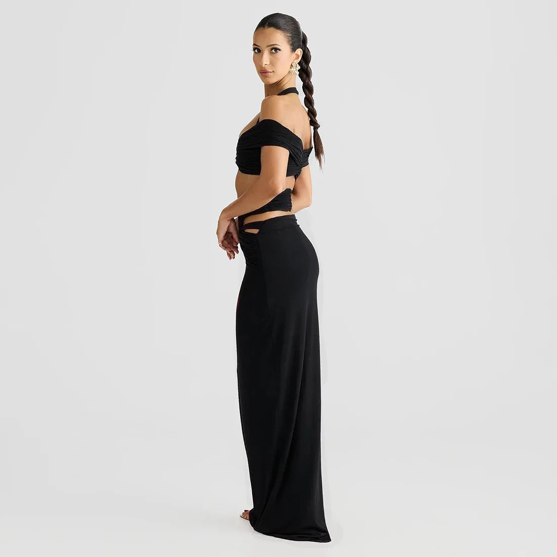 Women's Elegant Ruched Cut Out 2 Piece Dress Set - Halter Top & Maxi Skirt