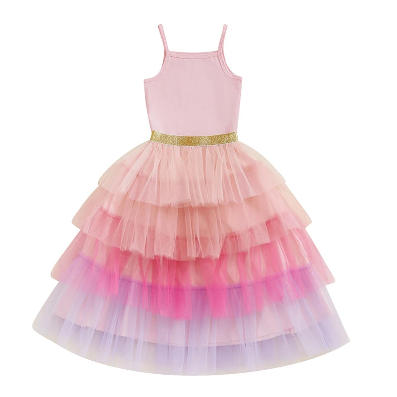 2-7Y  Kids Girls Summer Clothes Sets Sleeveless Camisole with Rainbow Lace Tulle Skirt