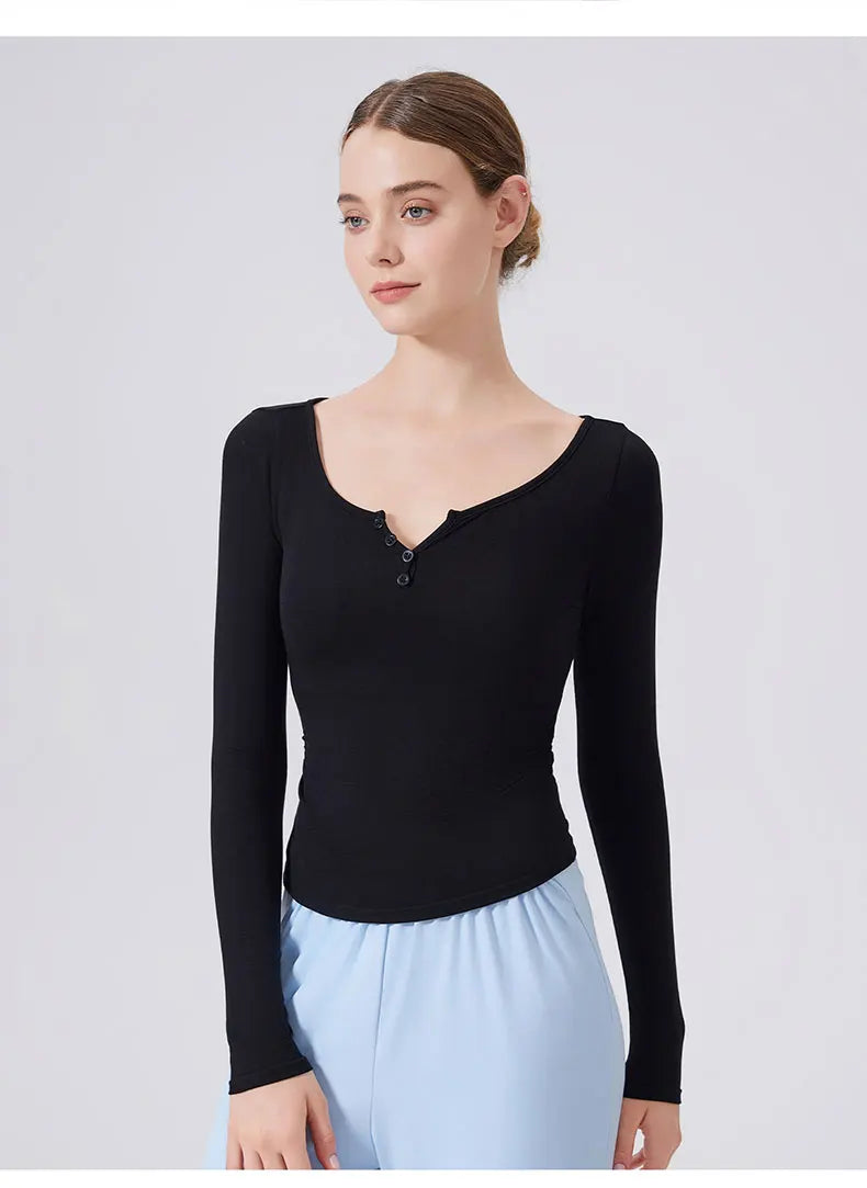 Women's Long Sleeve V-Neck Yoga Shirt - Slim Fit Breathable Workout Top