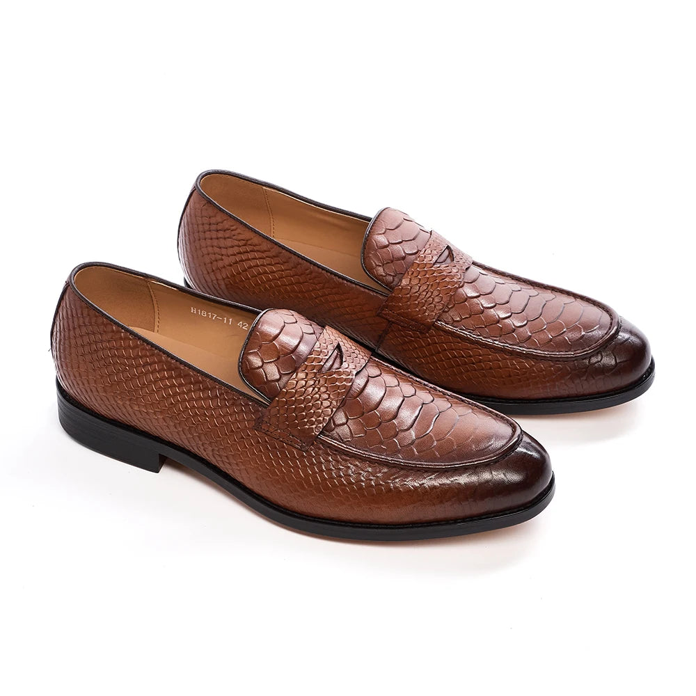 Men's Genuine Leather Snake Pattern Loafers – Pointed Slip-On Dress Shoes