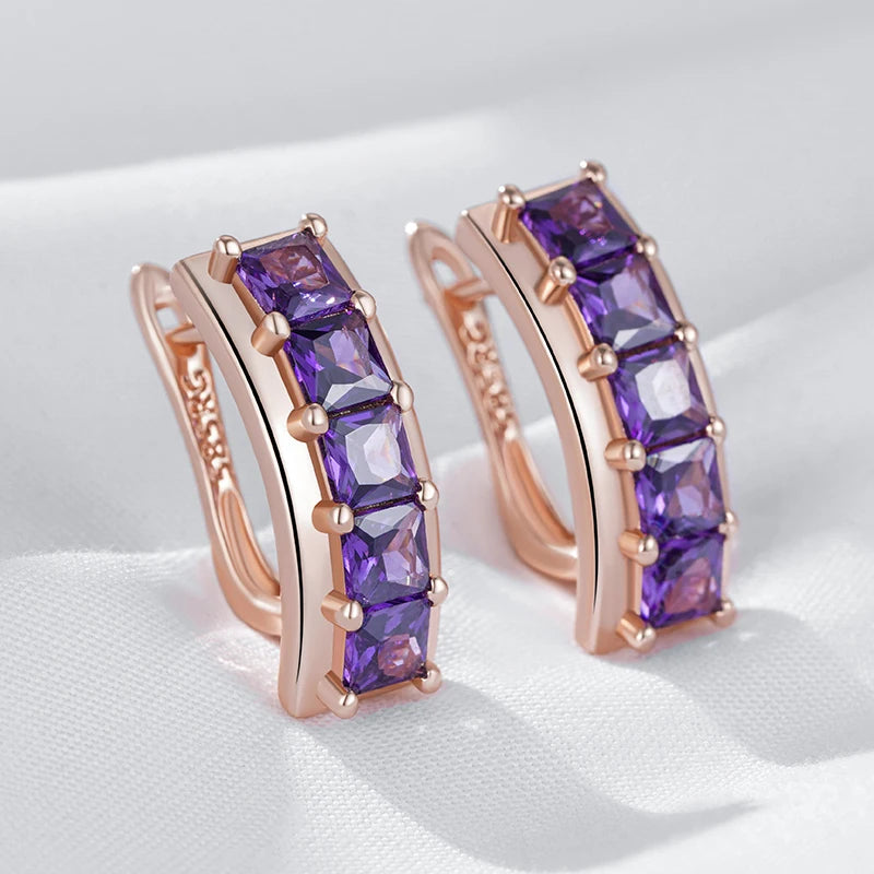 Shiny Square Purple Zircon Drop Earrings - Rose Gold Bridal Jewellery