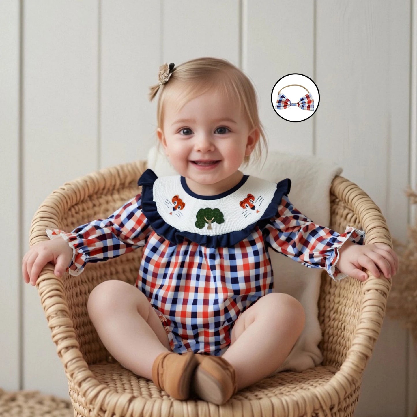 Toddler Baby Girls' Plaid Romper Dress - Animal Embroidery Smocked Jumpsuit with Headband