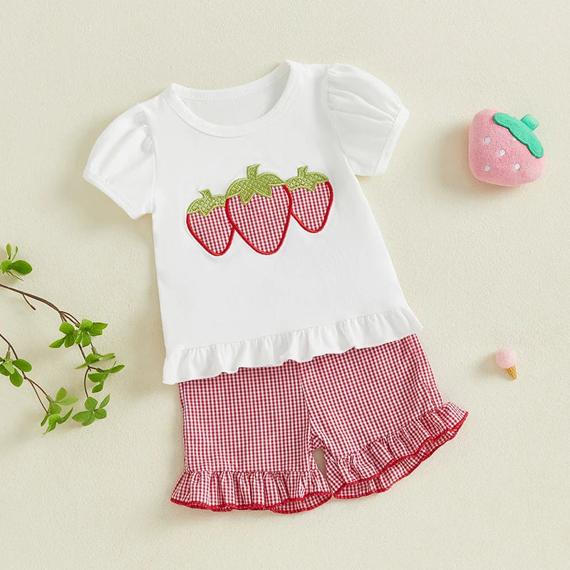 Toddler Baby Girls Clothes Set 0-3Y Strawberry Fruit Embroidery Short Sleeve Ruffle T Shirt and  Plaid Ruffle Shorts