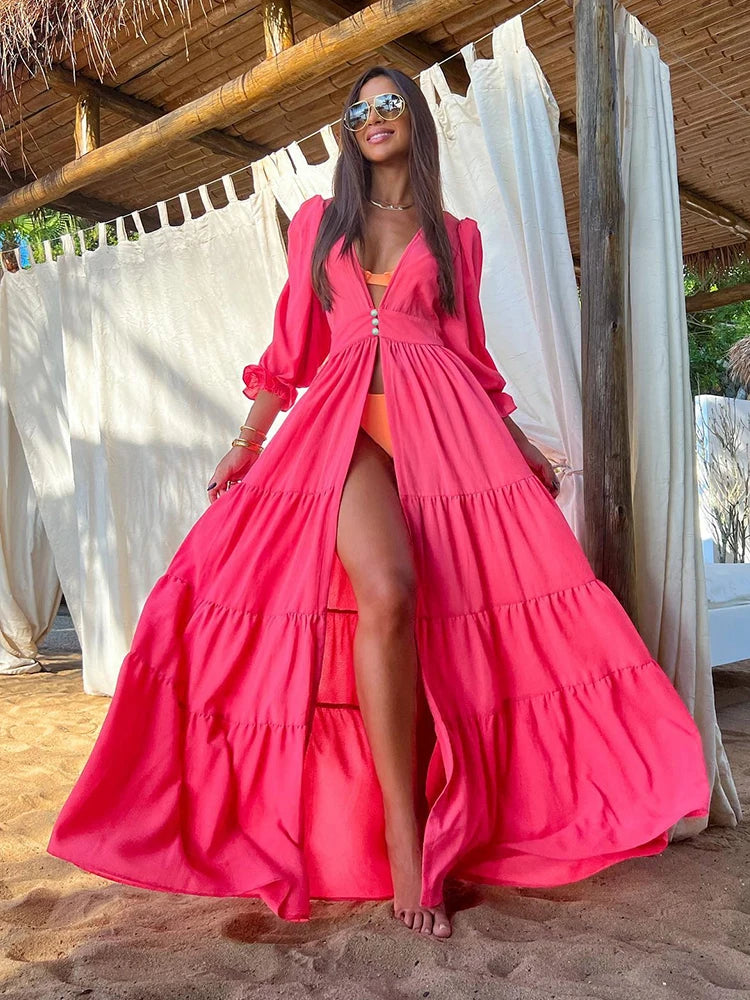 Women's Deep V Neck Cover-ups Strap  Beach Dress