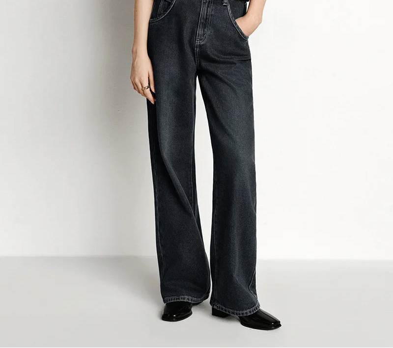 Wide Leg Fleece Lined High Waist Jeans - Women's Floor-Length Winter Denim