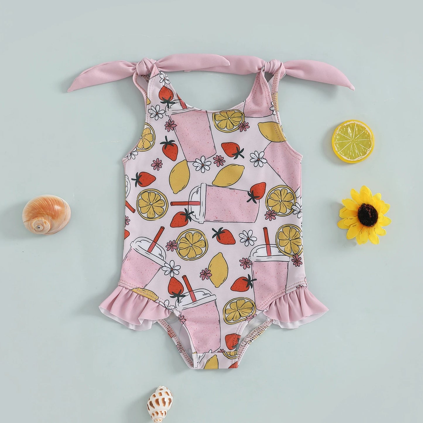 0-5Y Toddler Kids Girls Summer Swimsuits Cartoon Ice Cream Print Tie up Strap Ruffled Swimwear