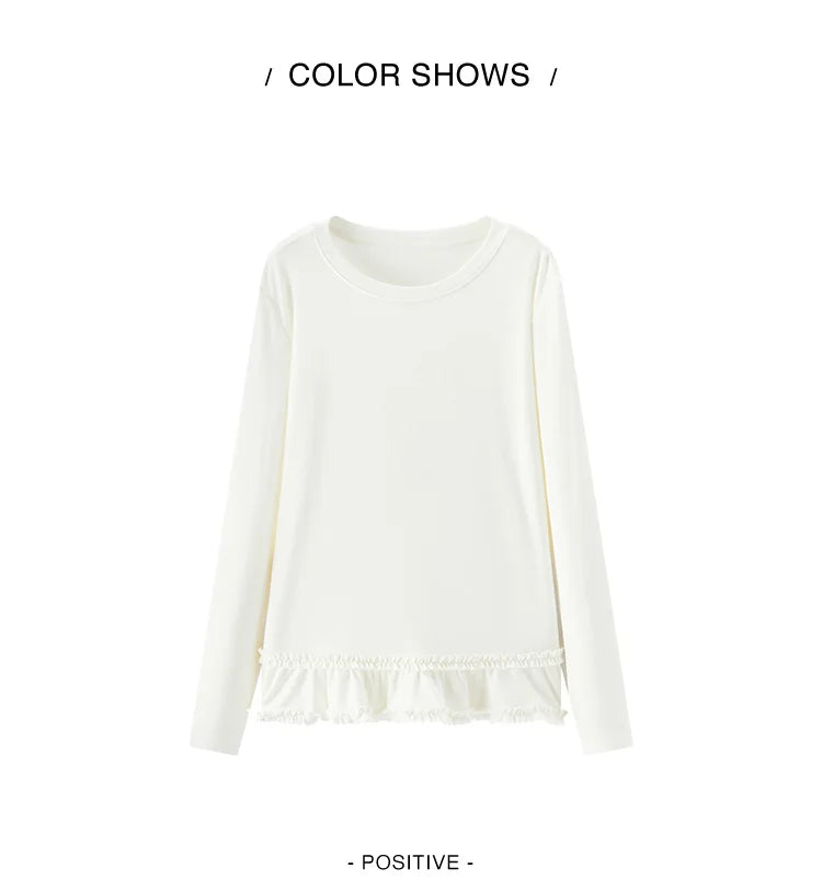 Long Sleeve Solid Color Lettuce Edge Slim Fit Ruffle Hem Top