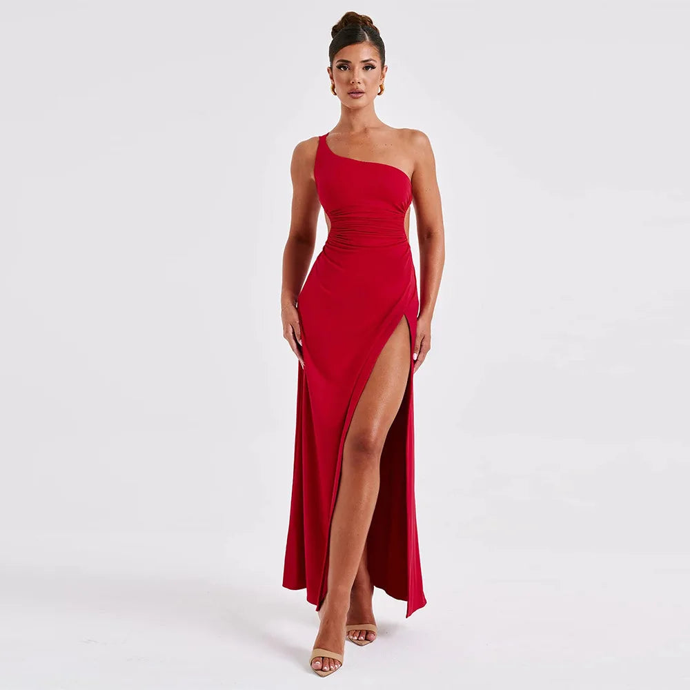 One Shoulder Split Maxi Dress - Women Backless Tie Detail Dress